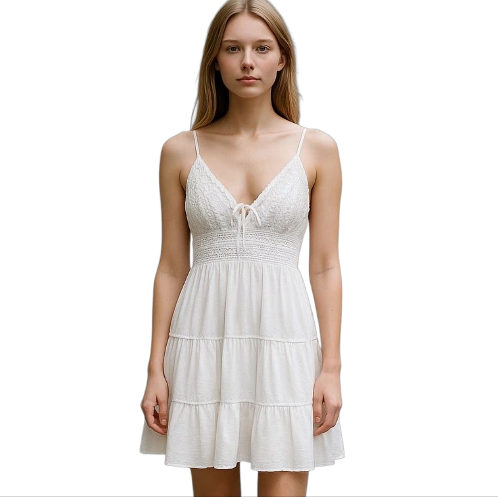 White Lacey Open Back Mini Dress - Women's Spaghetti Strap Bridal / Sundress